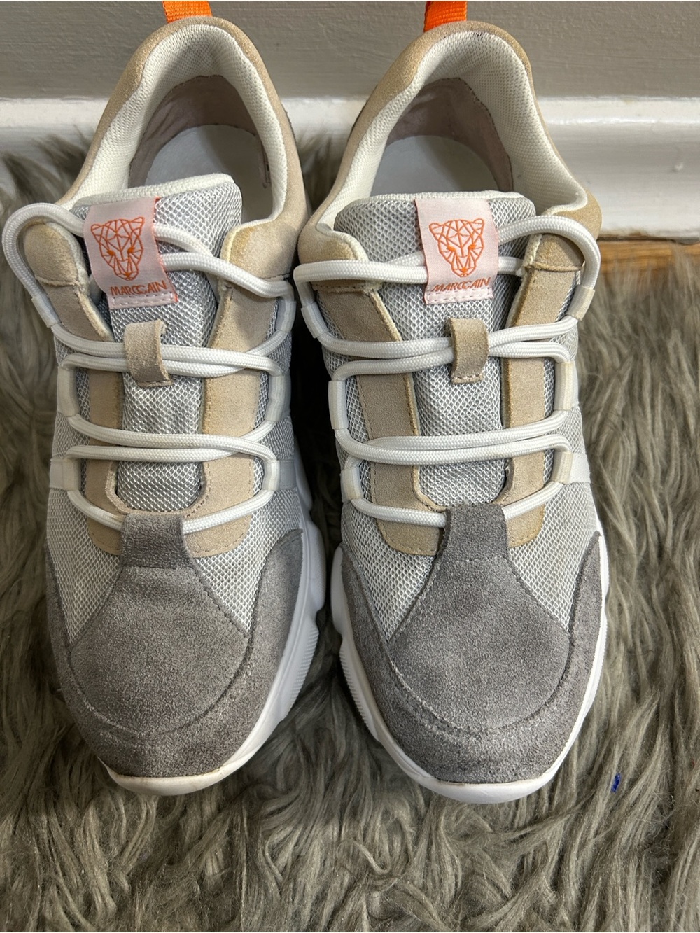Marc Cain Beige, Gray & White Women's Sneakers with Orange Tab